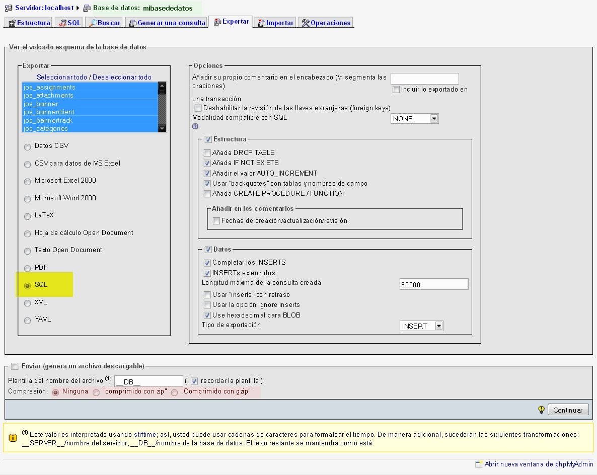 Crear una copia de seguridad - Seguridad sitios Web Vista de phpmyadmin