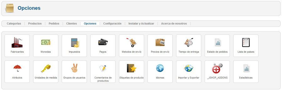 Opciones de administración de Joomshopping
