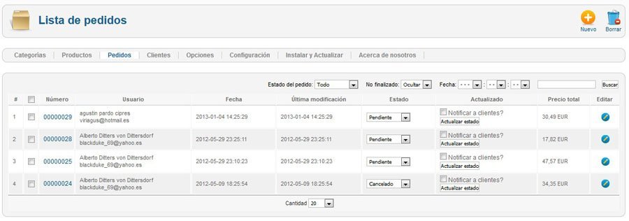 Listado de pedidos